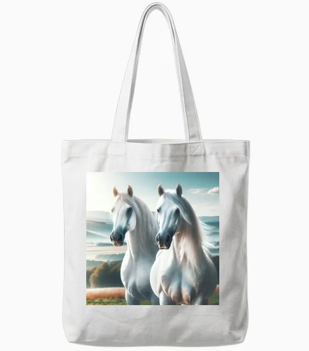 White Double Horse - Lovers Tote Bags in White