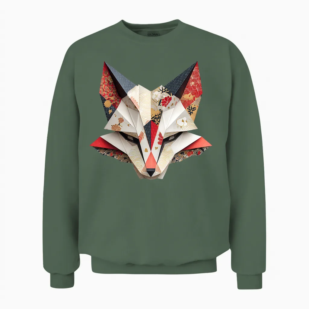Kitsune Fuchsmaske Origami Japon Mythologie Inari Fuchs T-Shirt Haut De Gamme Unisex Sweatshirt in Military Green