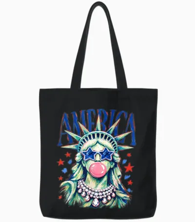 Brushstroke Statue of Liberty Blowing Bubble Gum 4th of July Tote Bags - Black