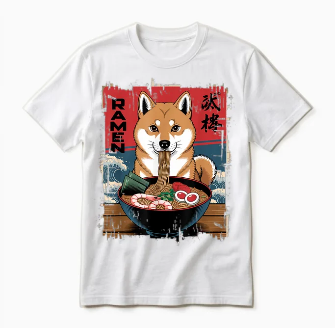 Shiba Inu Ramen Japanese Wave Dog Manga Kawaii Unisex T-Shirt in White
