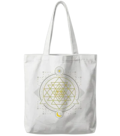 Sri Yantra Geometry Chakra Sun and Moon Tote Bags - White