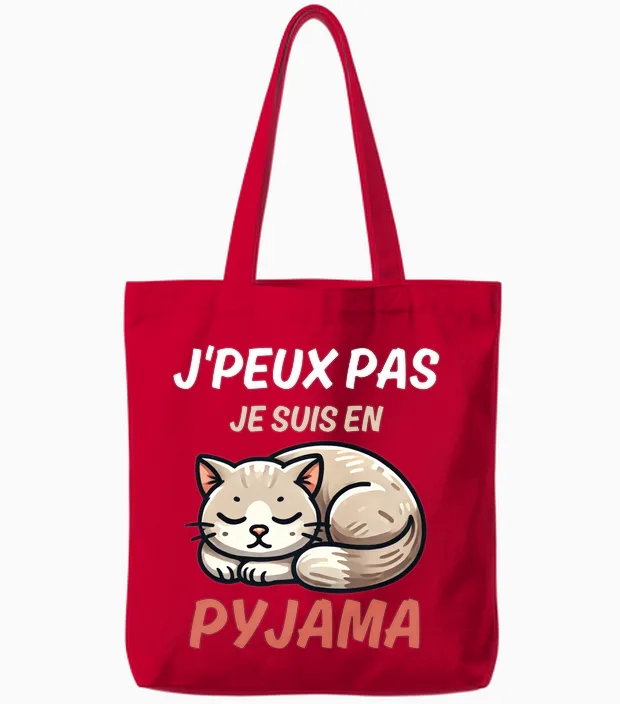 J'peux Pas Je Suis in Pyjamas Fun Gift with a Cat Long Sleeve, Black, S Tote Bags in Red