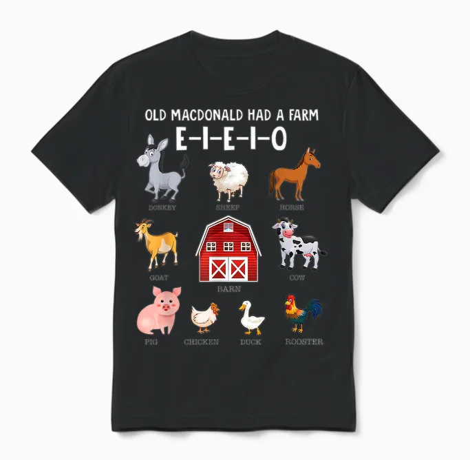 Toddler Kids Farm Animals Old Macdonald Had a Farm E-I-E-I-O Unisex T-Shirt in Black