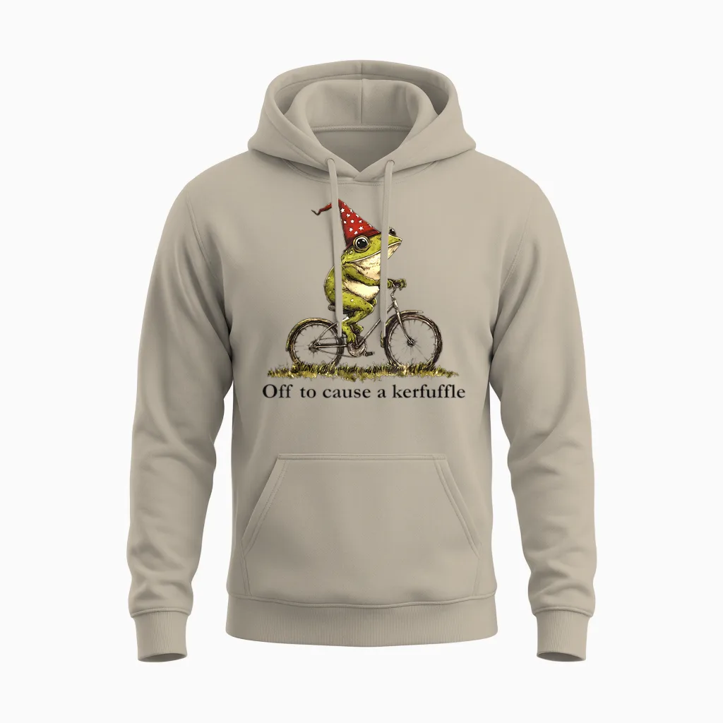Off to Cause a Kerfuffle Frog Funny Weirdcore Sayings Unique Unisex Hoodie in Sand