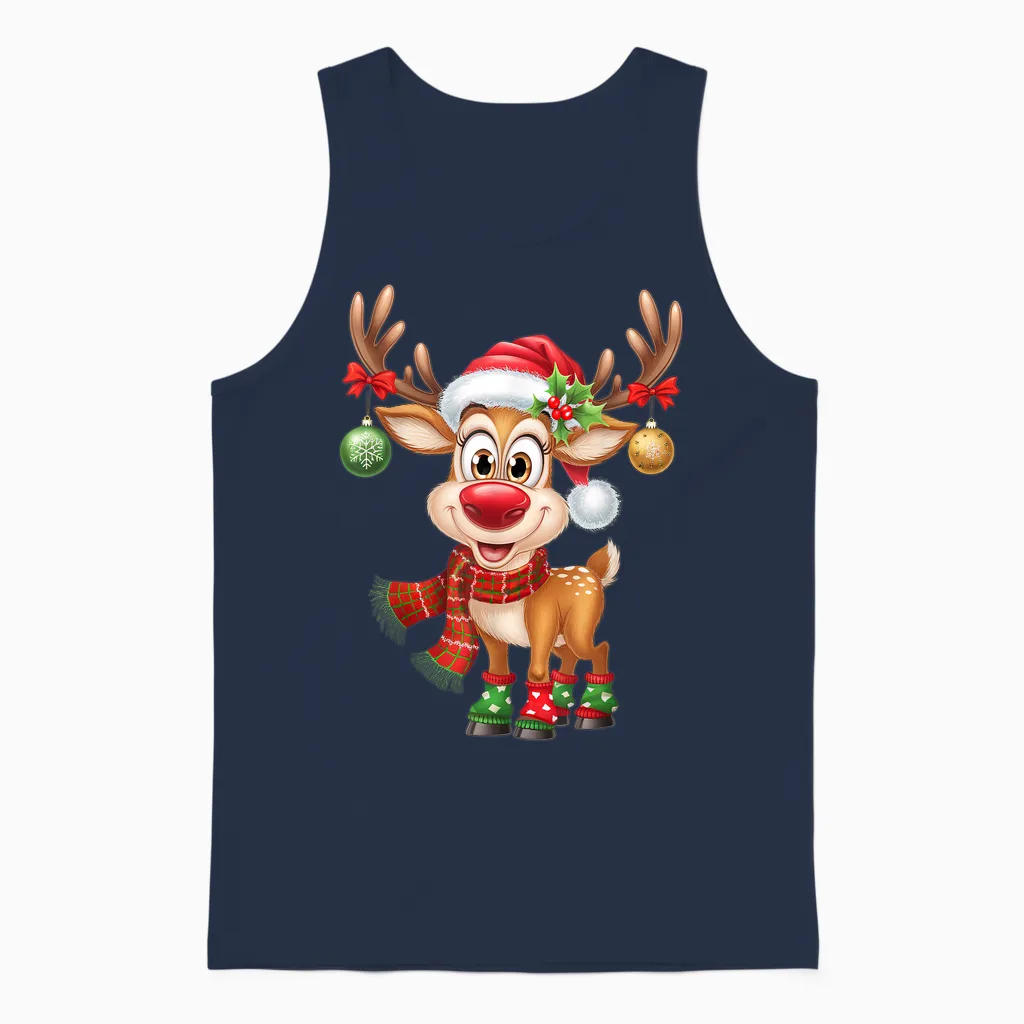 Christmas T-Shirt Reindeer Rudolph Funny Gift T-Shirt, Black Unisex Tank Top in Navy