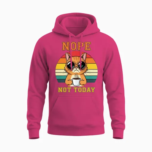Funny Grumpy Cat Nope Not Today Retro 80s Coffee Unisex Hoodie in Heliconia