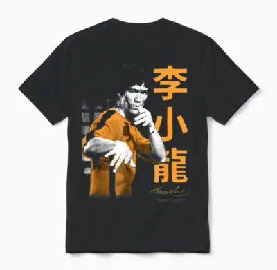 Bruce Lee Iconic Fight Pose Yellow Text Retro Martial Arts T-Shirt, Black, S Unisex T-Shirt - Black