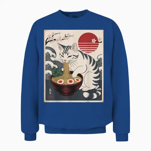 Kawaii Cat Eating Japanese Noodles Anime Cat Ramen Unisex Sweatshirt - Royal
