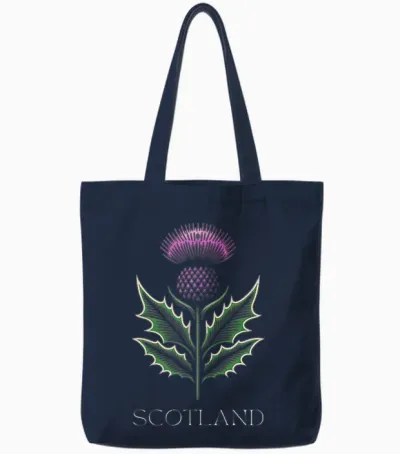 Scottish Thistle Flower, Celtic Symbol, Plaid Pattern Tote Bags - Navy
