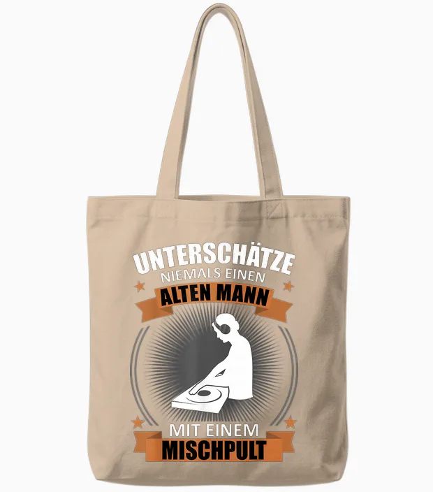 Men's Dj Mixing Console Turntable Old Man Saying Funny Musician T-Shirt, Black Tote Bags in Natural