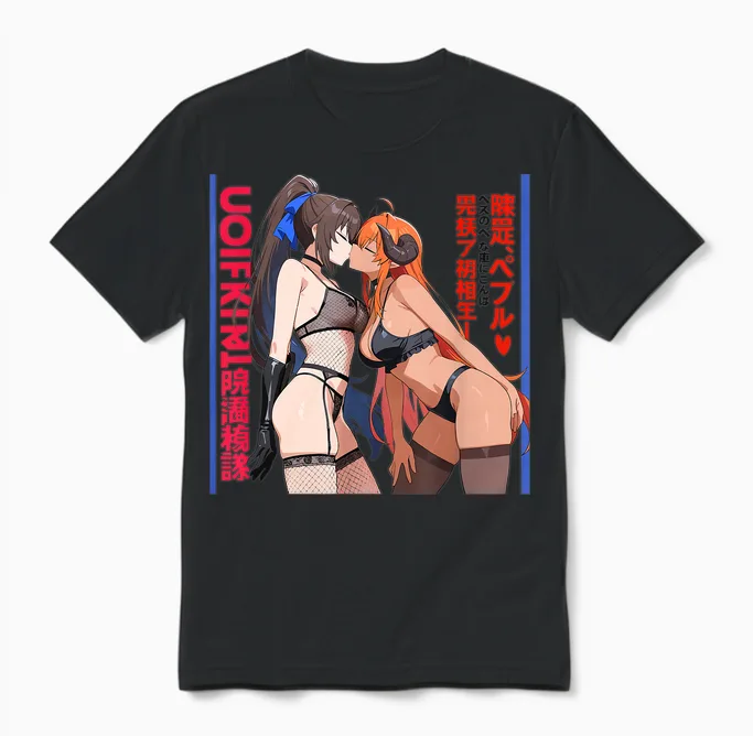 Sexy Anime Waifu Kissing Girls Horns, Japanese Manga Style T-Shirt, Black, S Unisex T-Shirt in Black