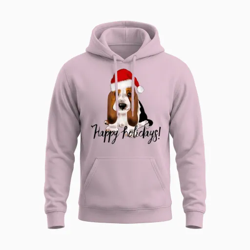 Cute Santa Basset Hound Dog Christmas Puppy Gift Unisex Hoodie - Light Pink