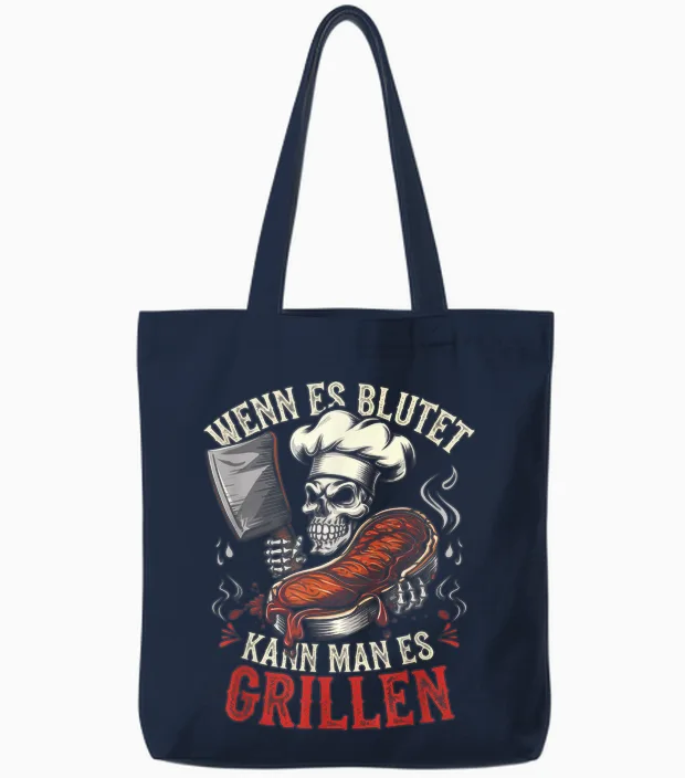 T-Shirt with German Text "wenn Es Blutet Kann Man Es Grillen, Black Tote Bags in Navy