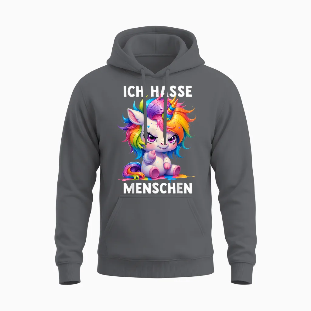 Misantroph T-Shirt with German Text "ich Hasse Menschen" (german Language), Black Unisex Hoodie in Charcoal