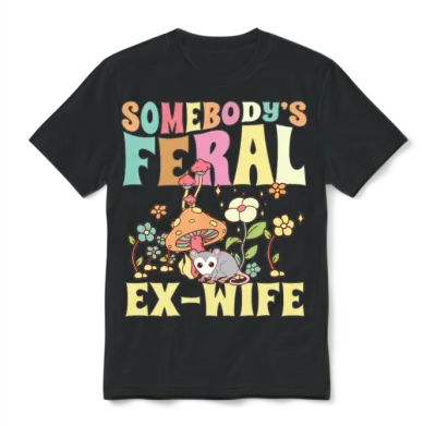Somebody's Feral Ex-Wife Opossum Mushroom Floral Unisex T-Shirt - Black