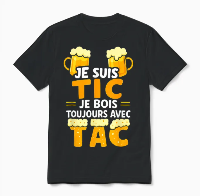 Je Suis Tic Je Bois Toujours Avec Tac - Assorted Humour Beer Unisex T-Shirt in Black