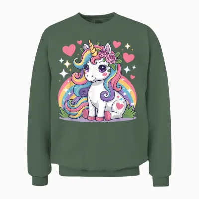 Super Cute Unicorn with Rainbow and Stars Unicorn Unisex Sweatshirt - Military Green