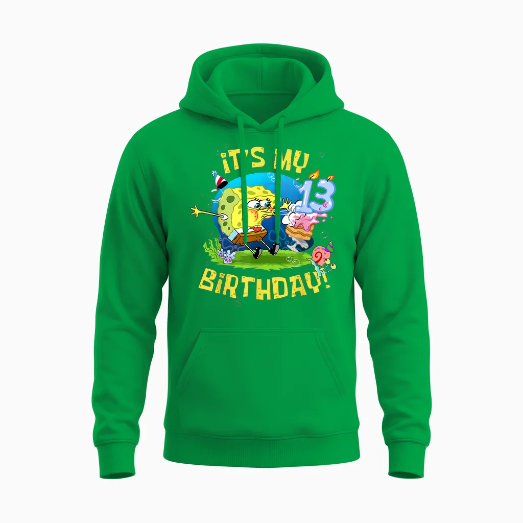 Spongebob It's My 13th Birthday Cake Kids Thirteen Spongebob Unisex Hoodie in Irish Green