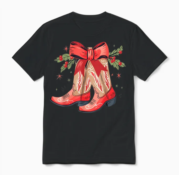 Merry and Bright Cowgirl Boot Christmas Western Cowboy Unisex T-Shirt in Black