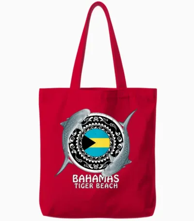 Tiger Beach Bahamas Flag Tiger Shark Bull Shark Tote Bags - Red