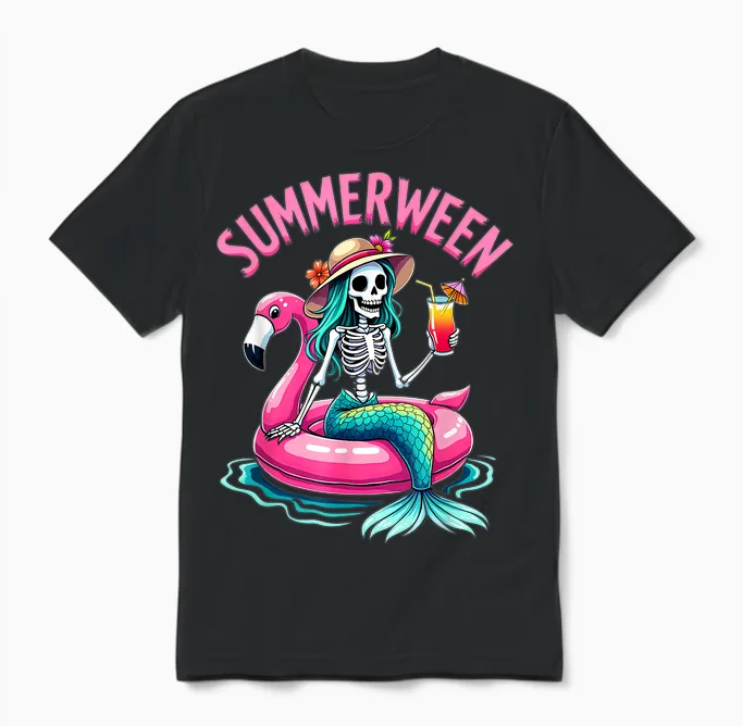 Summerween Mermaid Skeleton Beach Flamingo Halloween Girl Unisex T-Shirt in Black
