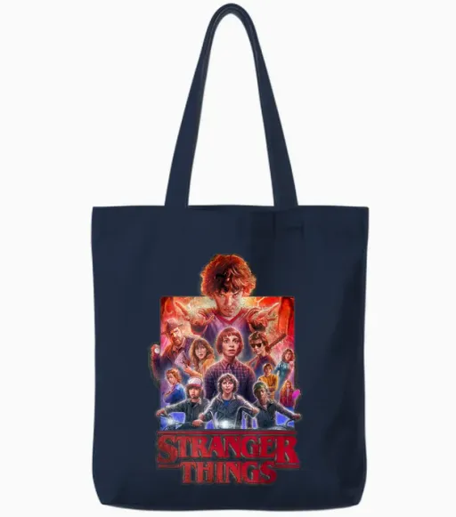 Stranger Things Group Poster T-Shirt, Black, S Tote Bags in Navy