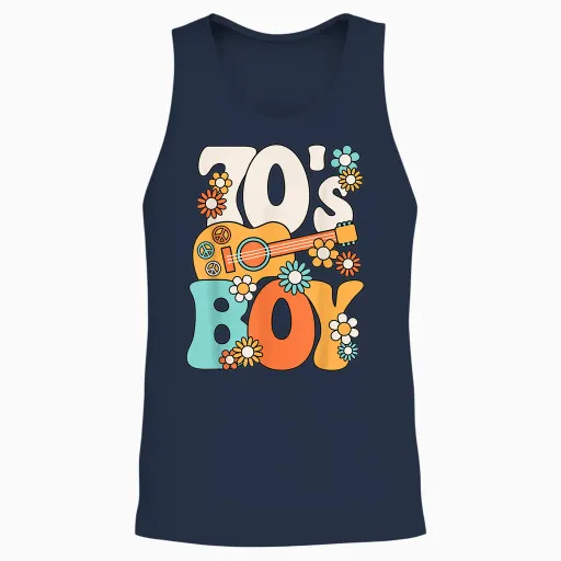 Mens Boys Retro 70s Hippie Costume T-Shirt, Black, S Unisex Tank Top - Navy
