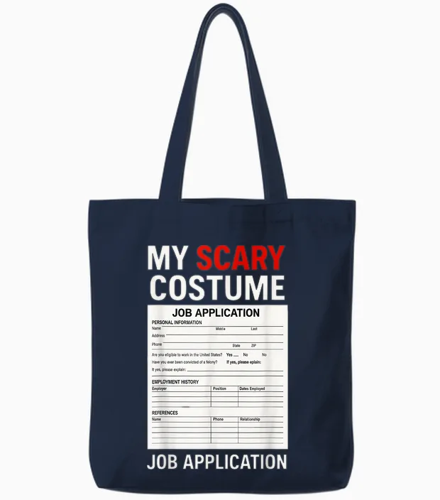 Job Application Funny Scary Halloween Costume Trick or Treat Tote Bags in Navy