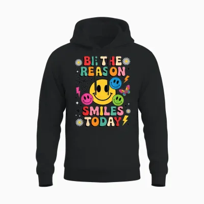Sei Der Grund, Warum Heute Jemand Smiles, Colourful Cheerful Retro Face Unisex Hoodie - Black