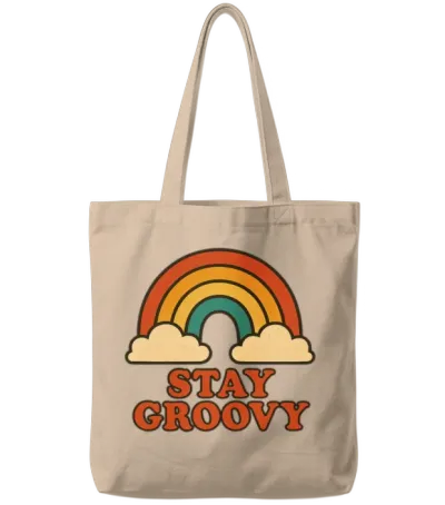 Retro Rainbow Stay Groovy Tote Bags - Natural