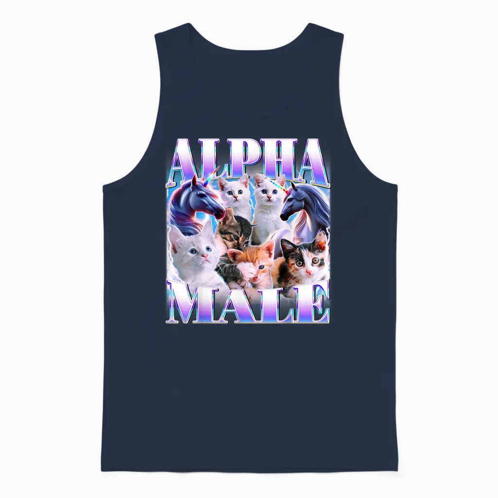 Unicorn Male Alpha Cute Cat Funny Ironic Meme Graphic Unisex Tank Top in Navy