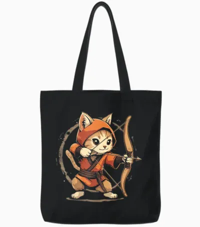Cat Archer on Archery T-Shirt, Black, S Tote Bags - Black