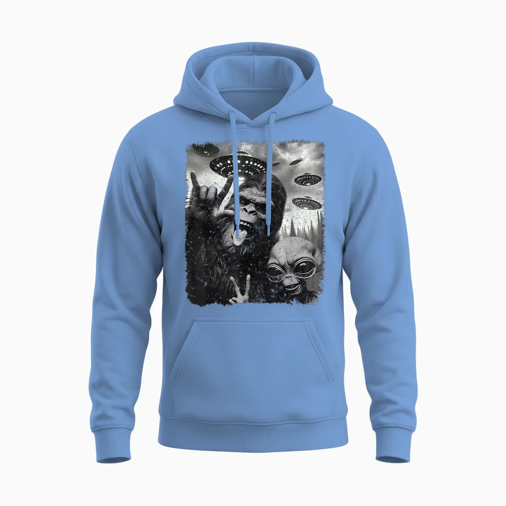 Funny Bigfoot & Alien Sasquatch Rock on Hand Sign Ufo Selfie Unisex Hoodie in Carolina Blue