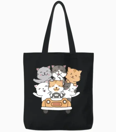Cute Cat Driving Tote Bags - Black