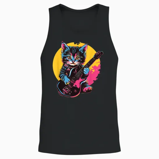 Cute Kitten Playing Guitar Rock Style T-Shirt, Black, S Unisex Tank Top - Black