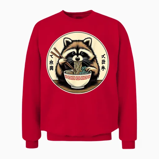 Raccoon Ramen Kawaii Neko Japanese Noodles Aesthetic T-Shirt, Black Unisex Sweatshirt - Red