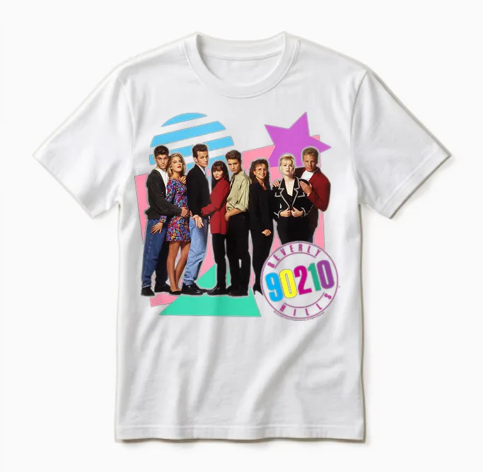Beverly Hills 90210 Retro T-Shirt Für Erwachsene - Unisex - Multicolored - S - Klein - Eu - Rundhals-Ausschnitt - Halbarm - Klassische Passform - Imported - Retro-Poster-Design Unisex T-Shirt in White