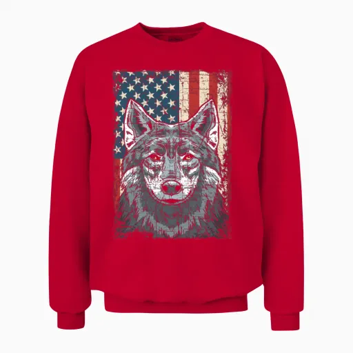 Wolf 4th of July American Flag Howling Wolves Unisex Sweatshirt in Red
