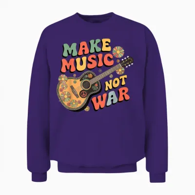 "make Music Not War" Retro Boho Gitarre Peace Symbol Groovy Unisex Sweatshirt - Purple