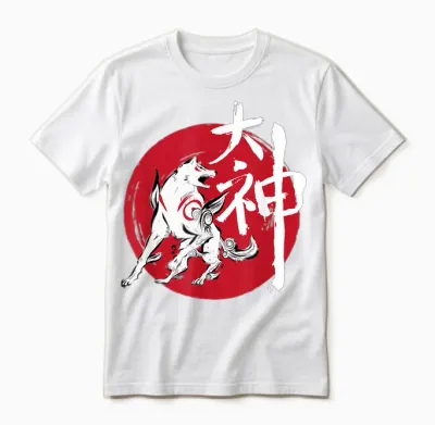 Okami Amaterasu Sun God Wolf the Great Wave Videogame T-Shirt, Black, S Unisex T-Shirt - White