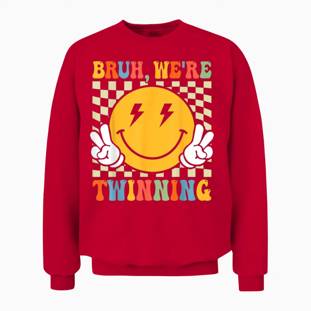 Bruh We're Twinning Retro Twin Day Spirit Week Boys Unisex Sweatshirt in Red