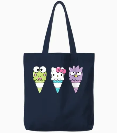 Womens Hello Sanrio Keroppi Hello Kitty Badtz-Maru Ice Cream Cone Tote Bags - Navy