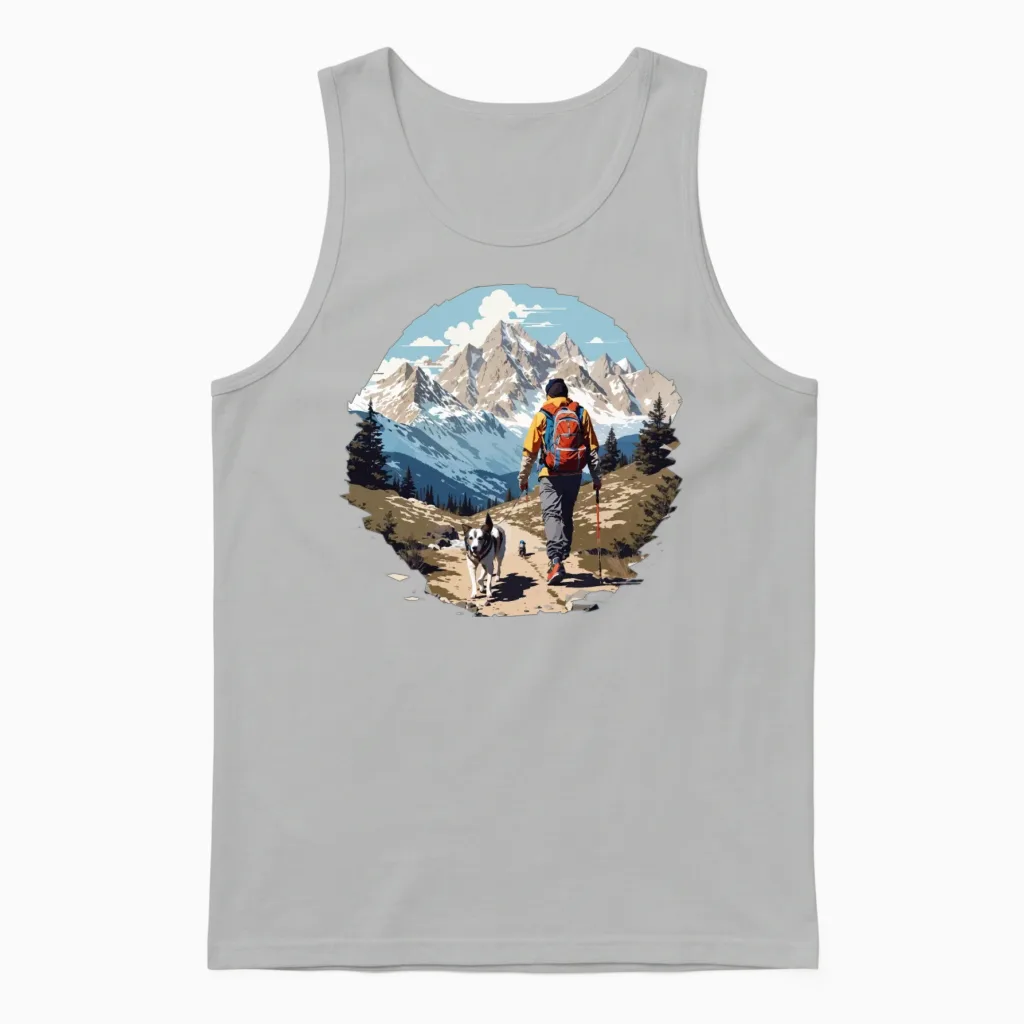 Man Hiking with Dog Lovers Unisex Tank Top in Ash