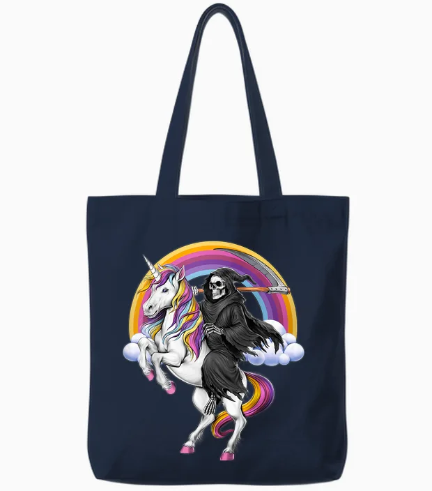 Skeleton Large Grim Reaper Riding Unicorn Halloween Tote Bags in Navy