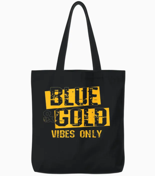 Blue and Gold Shirt Game Day Group Tee High School Football Tote Bags in Black