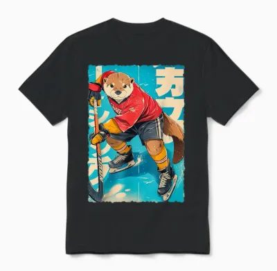 Manga Amusant - Joueur De Hockey Sur Glace - Art Japonais - Loutre - Pour Enfants Unisex T-Shirt - Black