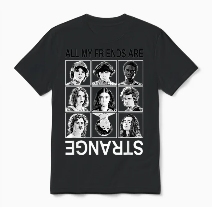 Stranger Things All My Friends Are Strange Group Shot Panels Unisex T-Shirt in Black
