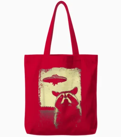 Raccoon Ufo Alien Weirdcore Aesthetic Artwork Stuff T-Shirt, Black Tote Bags - Red