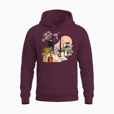 Kyoto Elegance: a Timeless Collage of Culture Unisex Hoodie - Maroon
