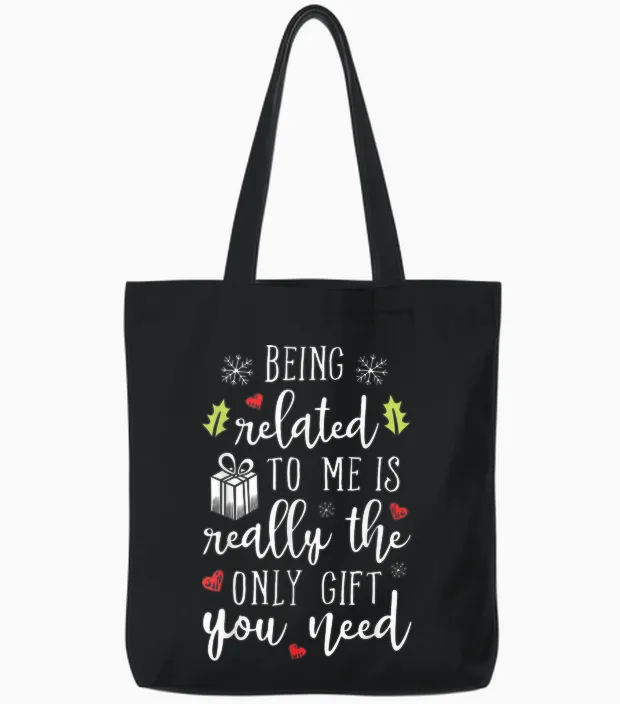 Being Related to Me Funny Christmas Family Xmas Pajamas Gift Short Sleeve Tote Bags in Black